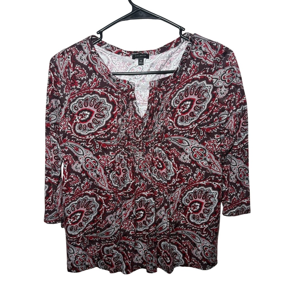 Talbots Boho Womens XS Paisley Pintuck Split Neck Burgundy Red Rayon